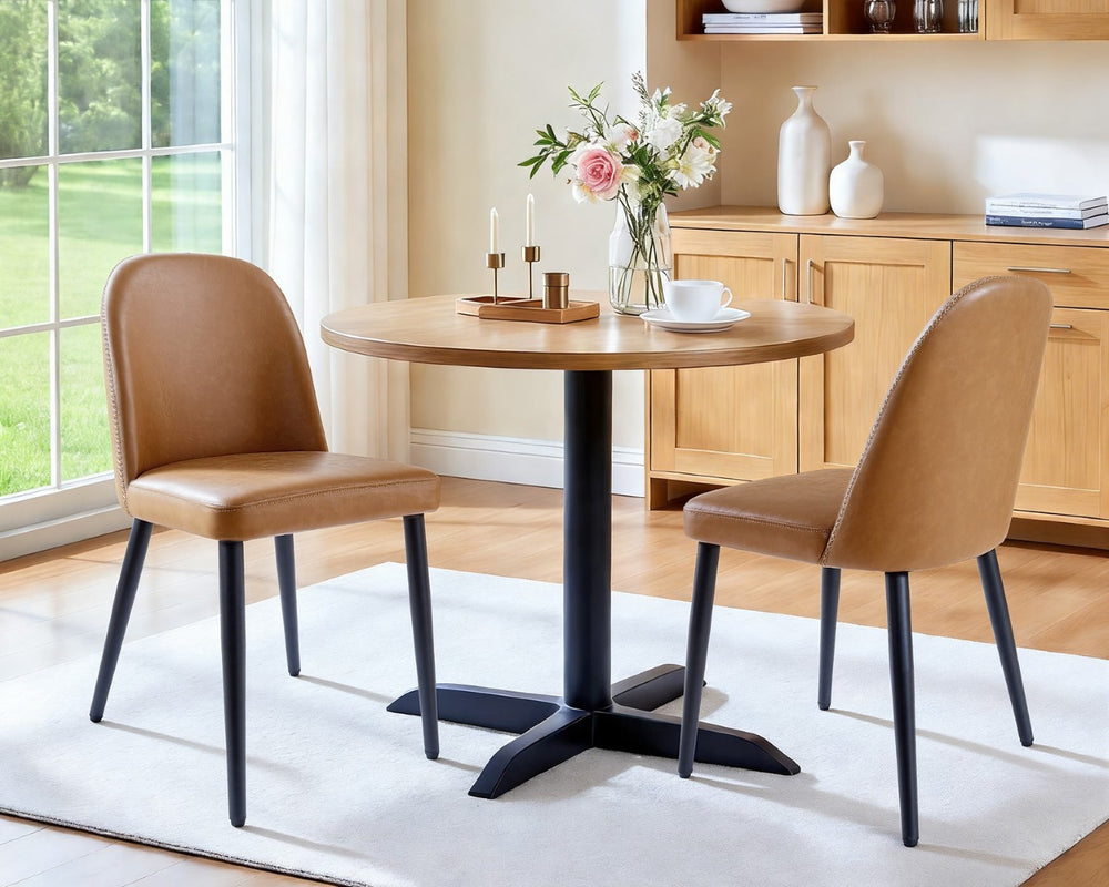 English Elm Brown Pu Leather Armless Dining Chairs with Matte Black Metal Legs Modern Set of 2 T3967P497834