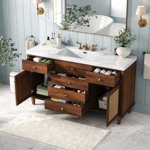 English Elm 60" Boutique Bathroom Vanity Rattan Doors Soft Close Drawers Smc Sink Pine Legs Brown N817P397678B
