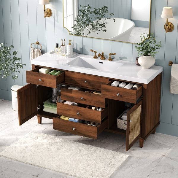English Elm 60" Boutique Bathroom Vanity Rattan Doors Soft Close Drawers Smc Sink Pine Legs Brown N817P397678B