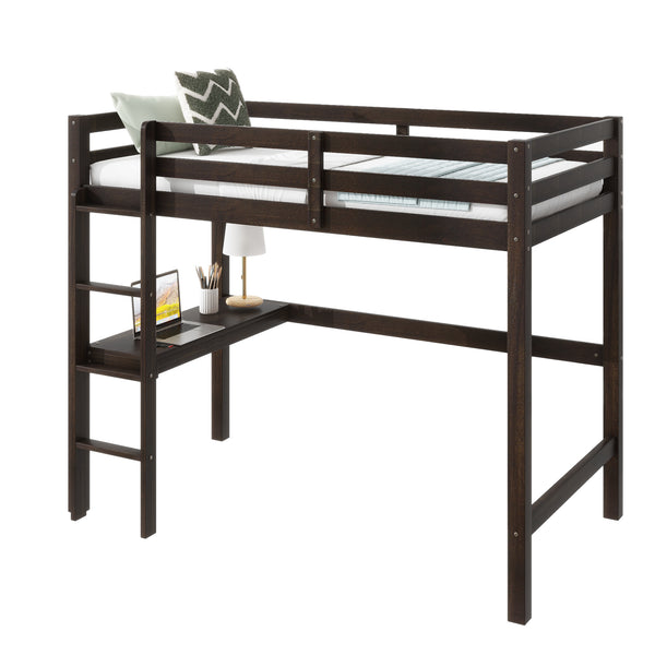 English Elm Twin High Loft Bed with Built-In Desk & Ladder, Espresso Rubberwood, Safety Guardrail, Space-Saving 90 W504P283513