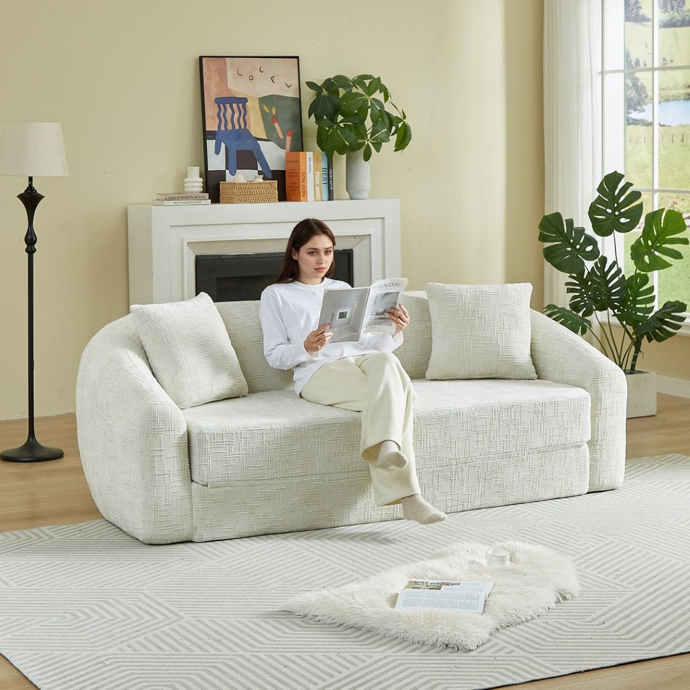 English Elm 87-inch Curved Chenille Convertible Sofa Recliner Bed with Pull-out Base for Living Room Beige W3505P452804