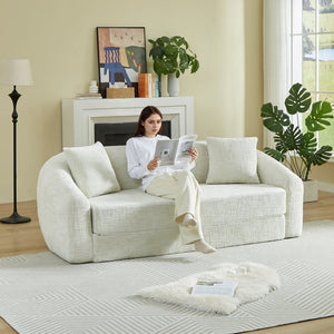 English Elm 87-inch Curved Chenille Convertible Sofa Recliner Bed with Pull-out Base for Living Room Beige W3505P452804