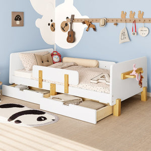 English Elm Twin Low Profile Kids Floor Bed Pine Wood Frame with Safety Rail and Built in Bookshelf Light White W1580P373241