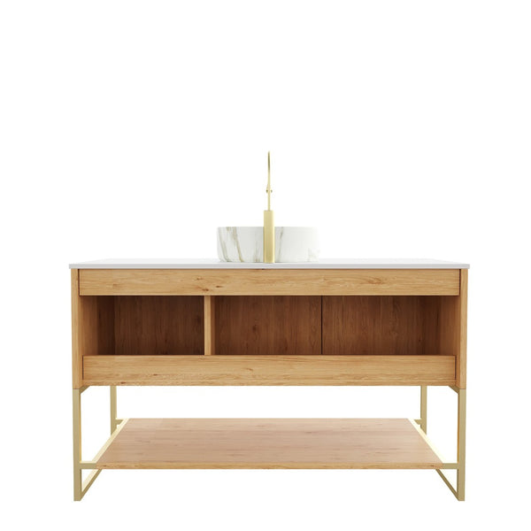 English Elm 48" Freestanding Bathroom Vanity Cabinet Sintered Stone Top Woodgrain Finish Open Shelf W2615S00464