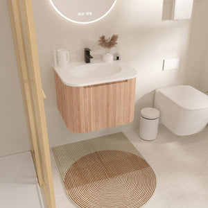 English Elm Arcora 24 Inch Curved Wall-Mount Bathroom Vanity with Integrated Cultured Marble Sink, Soft-Close Drawer, Natural Wood Texture W3235P336171