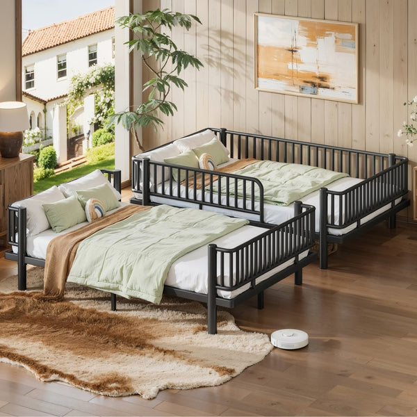 English Elm Queen Over Metal Bunk Bed Convertible Platform Frame with Safety Guardrails Black W5305S00063