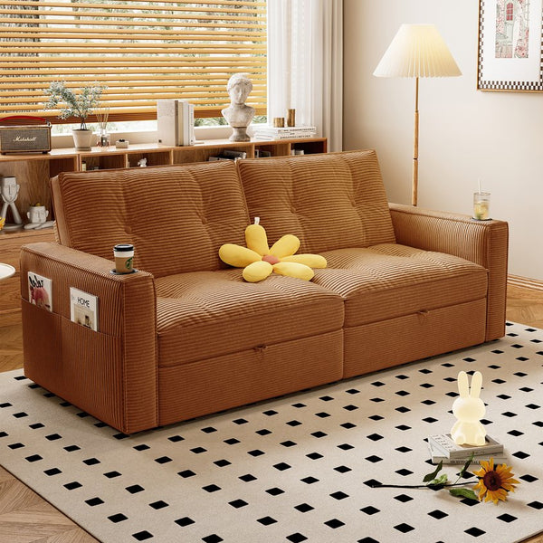 English Elm SOMNUS Convertible Sofa Bed with Corduroy Upholstery, Space-Saving 2-in-1 Design, Durable Steel Frame Orange W3820S00012