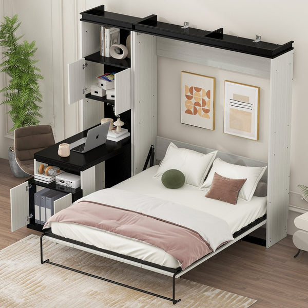 English Elm Full Full Size Murphy Bed with Desk, Shelves & Cabinets in Black+White — Space-Saving, Sturdy Design GX002042AAE