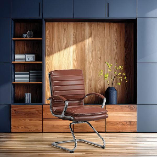 OSP Home Furnishings Guest Faux Leather Office Chair with Chrome Sled Base and Ergonomic Lumbar Support Saddle SPX23595C-U41