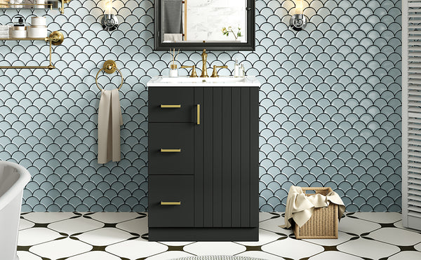 English Elm 24" Modern Bathroom Vanity with Under-Mount Sink, Vertical Stripe Design, 2 Drawers & Soft-Close Cabinet Black N710P288936B