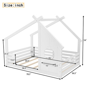 English Elm Twin House Bed Low Profile Pine Wood Frame with Shelf Montessori Kids Floor Sleeping Light White W5305P429644