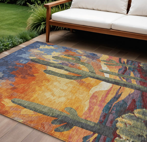 HomeRoots 10' Cactus Patterned Area Rug - Terra Cotta, Blue, and Plum for Indoor & Outdoor Durability & Style 660000
