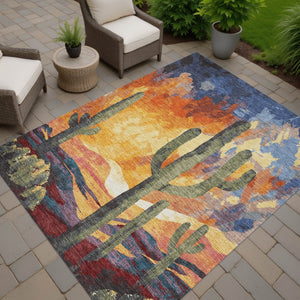 HomeRoots 10' Cactus Patterned Area Rug - Terra Cotta, Blue, and Plum for Indoor & Outdoor Durability & Style 660000