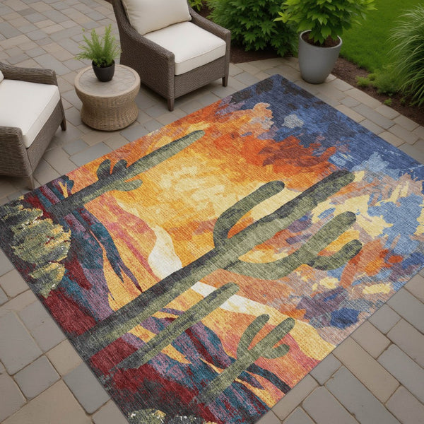 HomeRoots 10' Cactus Patterned Area Rug - Terra Cotta, Blue, and Plum for Indoor & Outdoor Durability & Style 660000