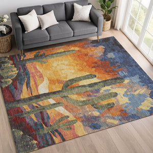 HomeRoots 10' Cactus Patterned Area Rug - Terra Cotta, Blue, and Plum for Indoor & Outdoor Durability & Style 660000