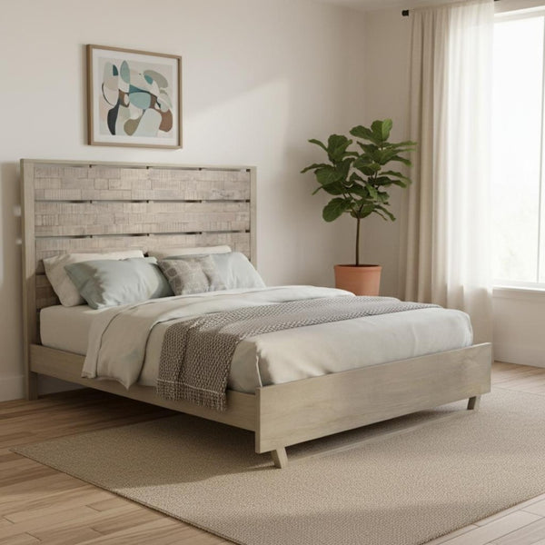 HomeRoots Gray Solid Wood King Bed Frame with Textured Slat Back Headboard - Rustic Charm Meets Durability! 660002