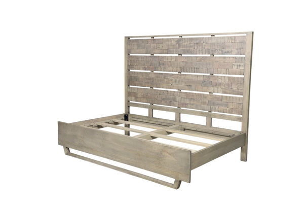 HomeRoots Gray Solid Wood King Bed Frame with Textured Slat Back Headboard - Rustic Charm Meets Durability! 660002