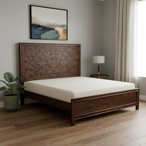 HomeRoots Brown Solid Wood King Bed Frame with Abstract Carved Headboard – Artisan Design for Stylish Sleep 660003