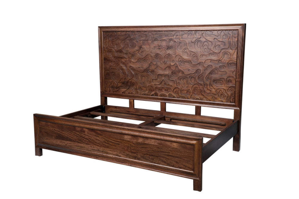 HomeRoots Brown Solid Wood King Bed Frame with Abstract Carved Headboard – Artisan Design for Stylish Sleep 660003