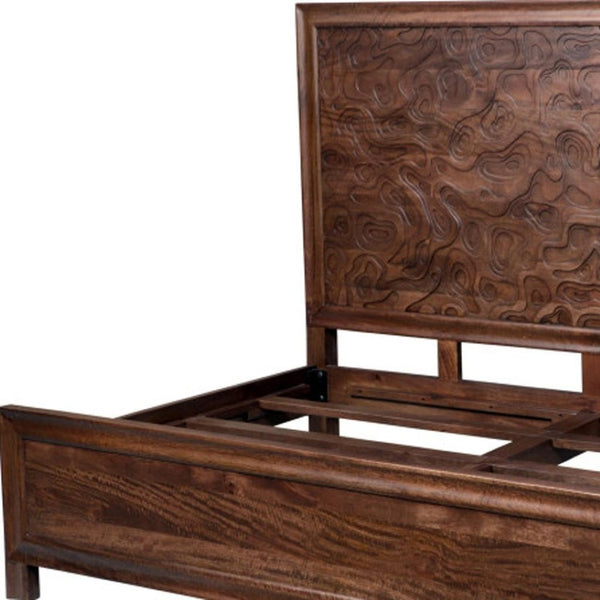 HomeRoots Brown Solid Wood King Bed Frame with Abstract Carved Headboard – Artisan Design for Stylish Sleep 660003