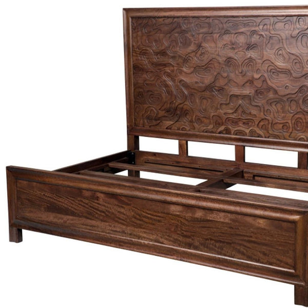 HomeRoots Brown Solid Wood King Bed Frame with Abstract Carved Headboard – Artisan Design for Stylish Sleep 660003