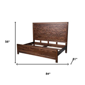 HomeRoots Brown Solid Wood King Bed Frame with Abstract Carved Headboard – Artisan Design for Stylish Sleep 660003