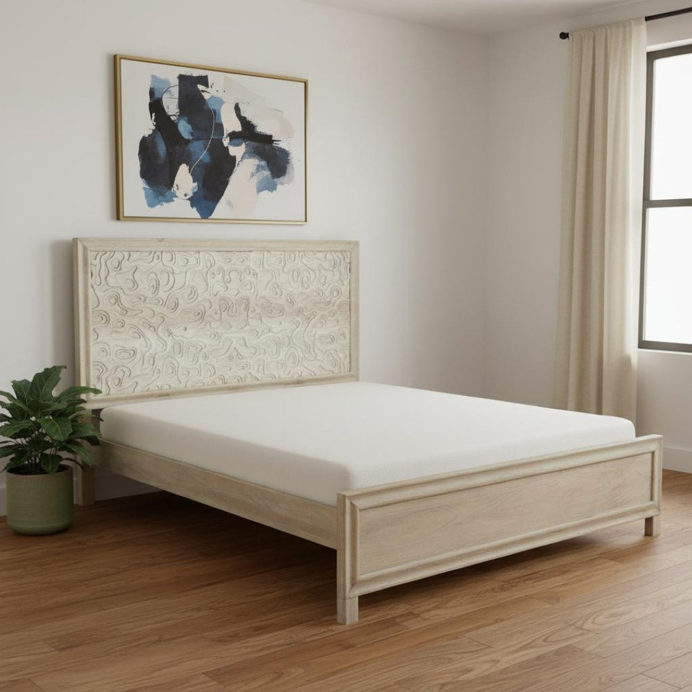 HomeRoots Gray Carved Abstract King Bed Frame – Artisan Solid Mango Wood with Modern Design & Unique Style 660004