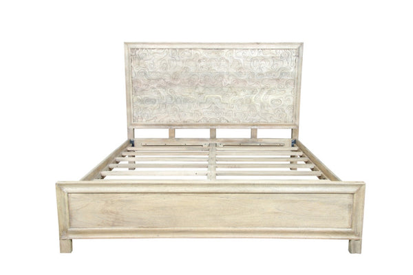 HomeRoots Gray Carved Abstract King Bed Frame – Artisan Solid Mango Wood with Modern Design & Unique Style 660004