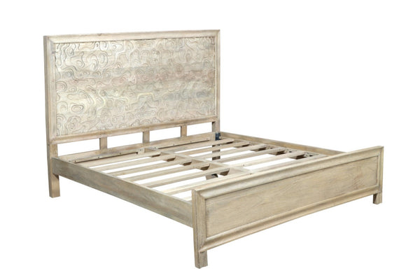 HomeRoots Gray Carved Abstract King Bed Frame – Artisan Solid Mango Wood with Modern Design & Unique Style 660004