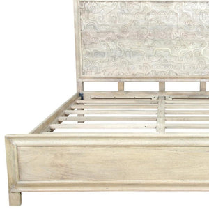HomeRoots Gray Carved Abstract King Bed Frame – Artisan Solid Mango Wood with Modern Design & Unique Style 660004
