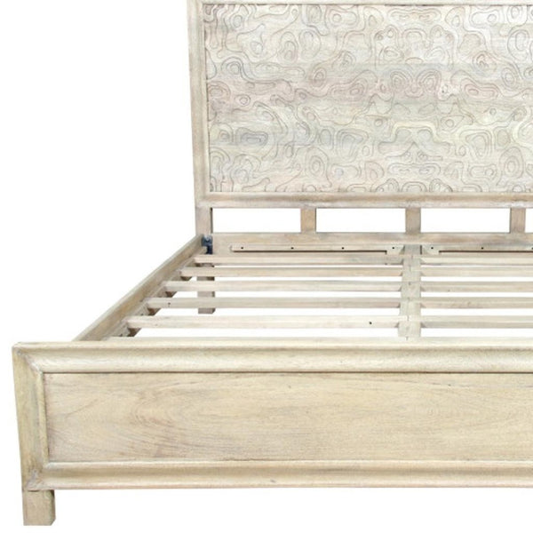 HomeRoots Gray Carved Abstract King Bed Frame – Artisan Solid Mango Wood with Modern Design & Unique Style 660004