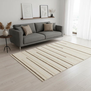 HomeRoots 5' Cream and Brown Striped Area Rug - Cozy, Stylish, and Durable for Modern Homes with Kids & Pets 5' X 8' 660009