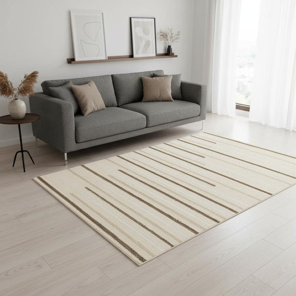 HomeRoots 5' Cream and Brown Striped Area Rug - Cozy, Stylish, and Durable for Modern Homes with Kids & Pets 5' X 8' 660009