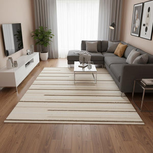 HomeRoots 5' Cream and Brown Striped Area Rug - Cozy, Stylish, and Durable for Modern Homes with Kids & Pets 7' X 10' 660010