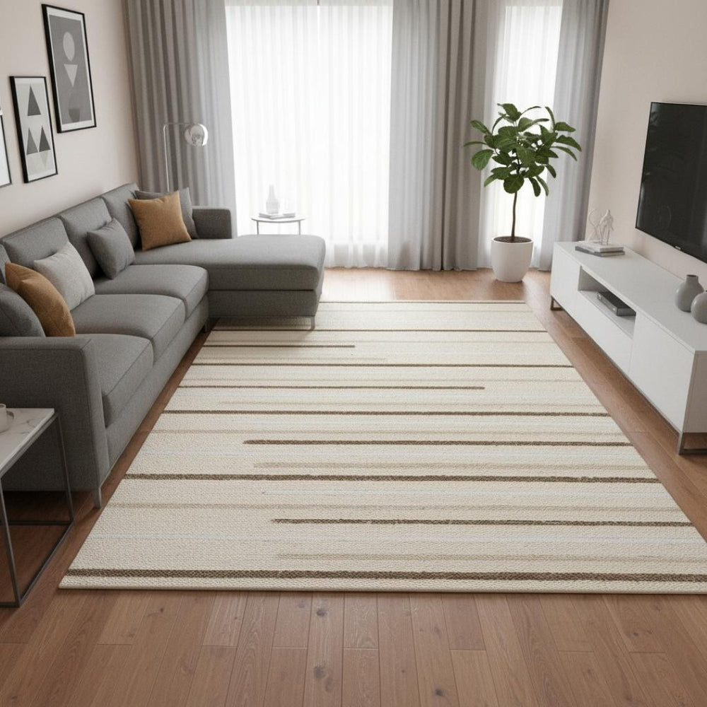 HomeRoots 5' Cream and Brown Striped Area Rug - Cozy, Stylish, and Durable for Modern Homes with Kids & Pets 8' X 11' 660011