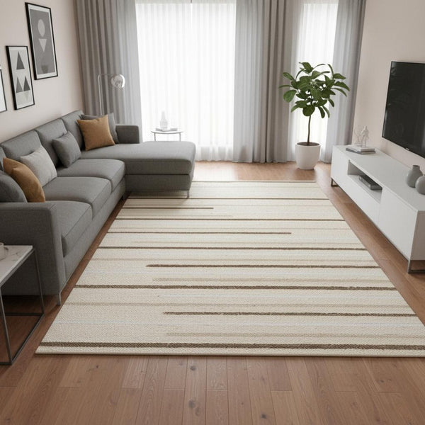 HomeRoots 5' Cream and Brown Striped Area Rug - Cozy, Stylish, and Durable for Modern Homes with Kids & Pets 8' X 11' 660011