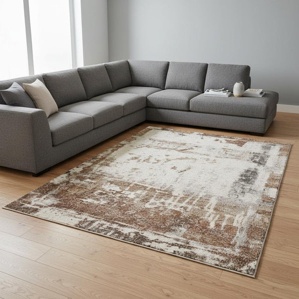 HomeRoots 5' Abstract Beige and Brown Area Rug - Stylish, Durable Design for Modern Homes with Kids and Pets 8' X 11' 660030
