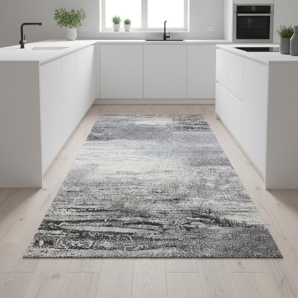 HomeRoots 4' Modern Abstract Area Rug in White and Gray - Soft, Durable, and Stain-Resistant Stylish Floor Accent 2' X 8' 660039
