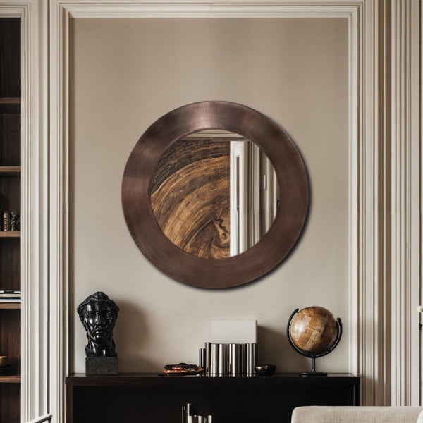 Meridian Furniture Sphere Round Iron Wall Mirror Open Frame Sculptural Accent for Entryways and Living Rooms Brown 30 inches 66003Brown-30M