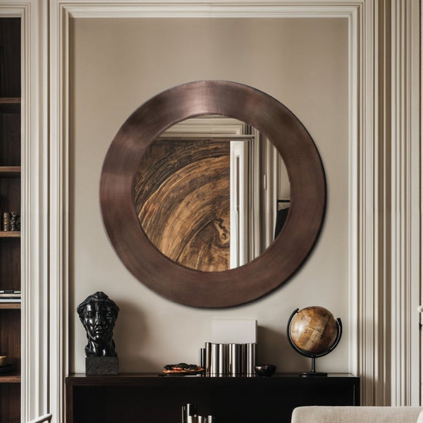 Meridian Furniture Sphere Round Iron Wall Mirror Open Frame Sculptural Accent for Entryways and Living Rooms Brown 36 inches 66003Brown-36M