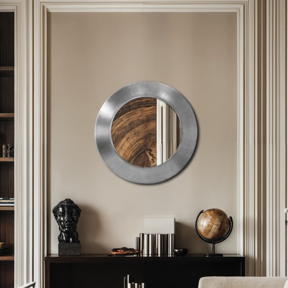 Meridian Furniture Sphere Round Iron Wall Mirror Open Frame Sculptural Accent for Entryways and Living Rooms Silver 24 inches 66003Silver-24M