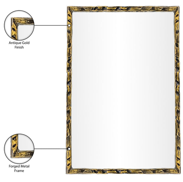 Meridian Furniture Hammer Forged Iron Wall Mirror Handcrafted Antique Frame for Entryway or Living Room Decor Gold 24 inches 66004Gold-M