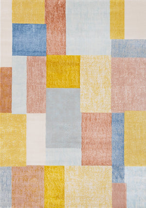 HomeRoots 5' Vibrant Geometric Area Rug in Yellow, Orange, and Blue - Durable, Stain-Resistant, Modern Design 5' X 8' 660054