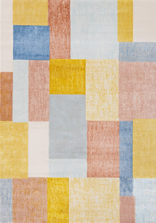 HomeRoots 5' Vibrant Geometric Area Rug in Yellow, Orange, and Blue - Durable, Stain-Resistant, Modern Design 5' X 8' 660054
