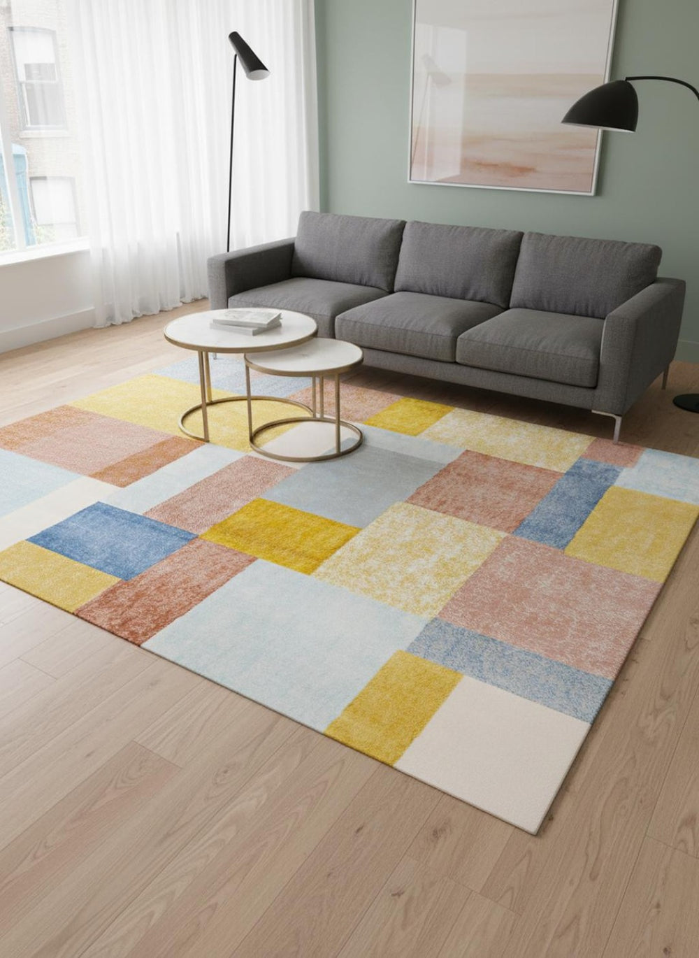 HomeRoots 5' Vibrant Geometric Area Rug in Yellow, Orange, and Blue - Durable, Stain-Resistant, Modern Design 5' X 8' 660054