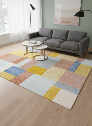 HomeRoots 5' Vibrant Geometric Area Rug in Yellow, Orange, and Blue - Durable, Stain-Resistant, Modern Design 5' X 8' 660054