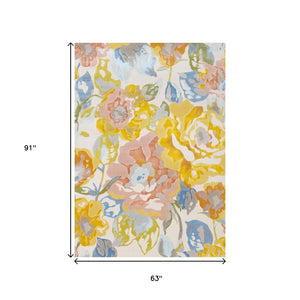 HomeRoots 5' Botanical Leaves Area Rug - Vibrant Yellow, Blue, and Pink Design for Durable, Stylish Living Spaces 5' X 8' 660056