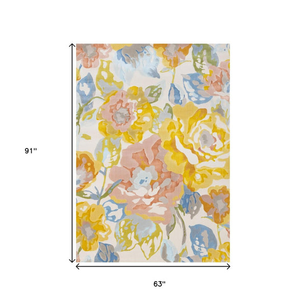 HomeRoots 5' Botanical Leaves Area Rug - Vibrant Yellow, Blue, and Pink Design for Durable, Stylish Living Spaces 5' X 8' 660056