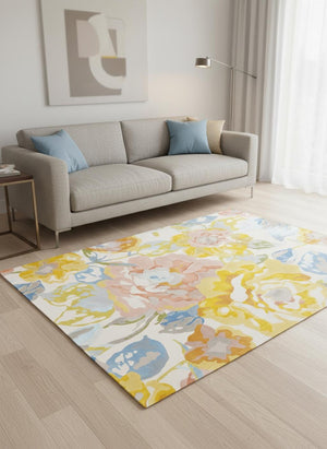HomeRoots 5' Botanical Leaves Area Rug - Vibrant Yellow, Blue, and Pink Design for Durable, Stylish Living Spaces 5' X 8' 660056