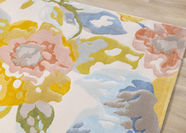 HomeRoots 5' Botanical Leaves Area Rug - Vibrant Yellow, Blue, and Pink Design for Durable, Stylish Living Spaces 5' X 8' 660056